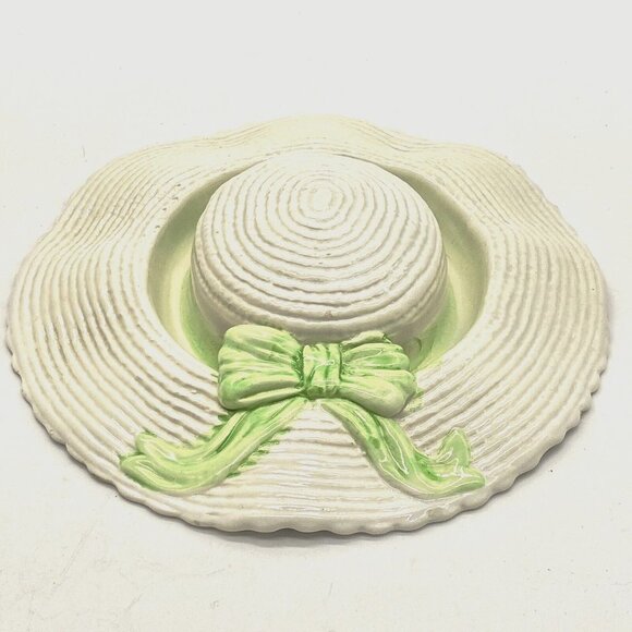 Vtg White Straw Hat Ceramic Green Bow Decor Ring Ashtray Vanity 9.5" Italy 485/8 - Picture 1 of 8
